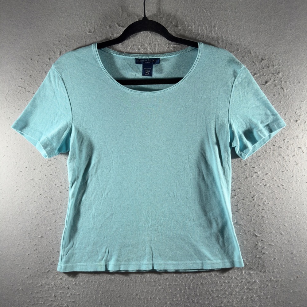 2257 | Karen Scott Petites Cotton Short Sleeve Basic Tee Aqua Blue Women PM